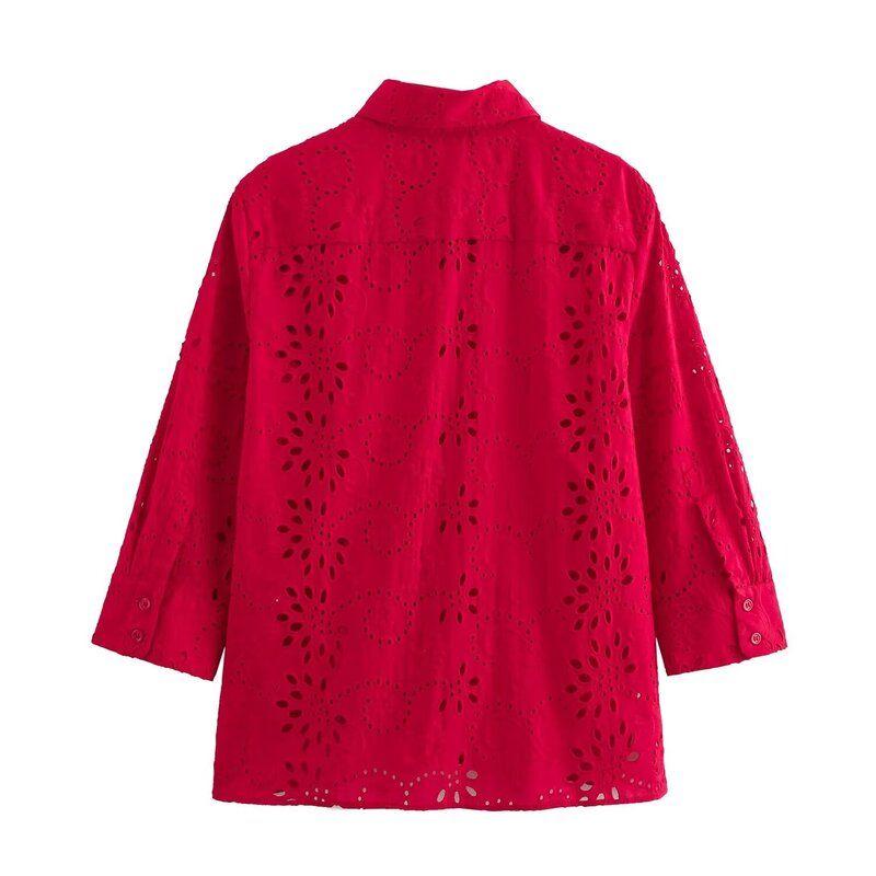 Fashion Style 2024 Summer New Women's Clothing Temperament Wild Embroider Poplin Cut Out Long Sleeves Shirt 8005916