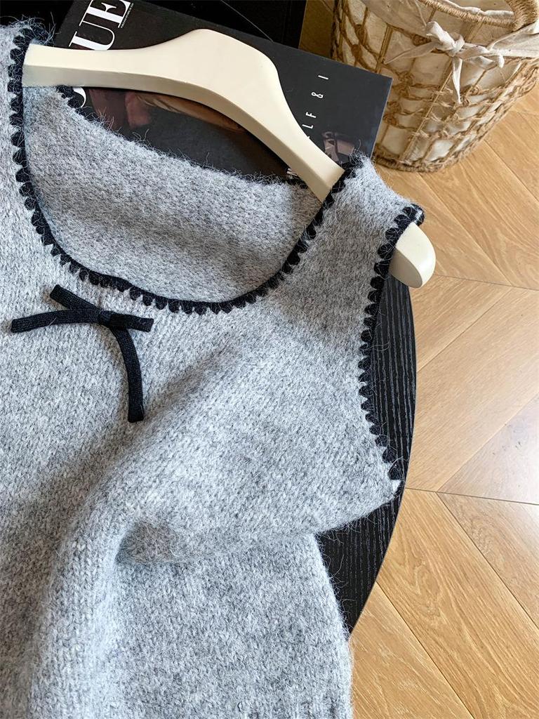 Women's French Color Block Bow Knit Vest - 2026 Autumn Sleeveless Layering Top