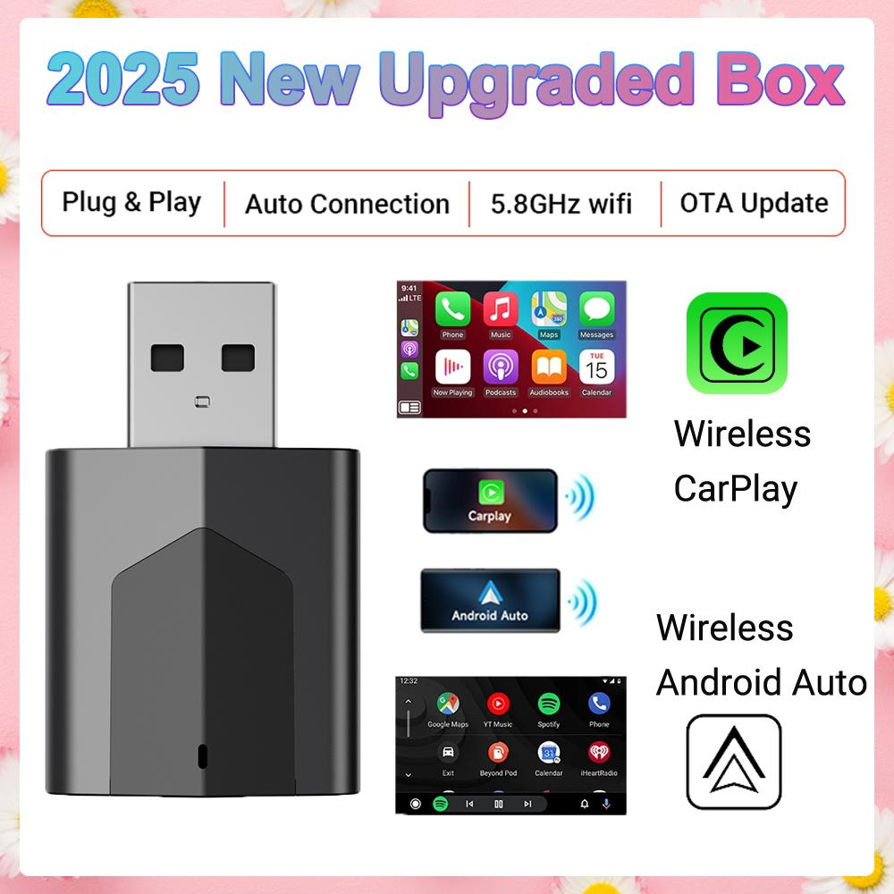 2025 New Upgrade Wired To Wireless Carplay Android 2In1 Adapter Car Gadget Smart Box Plug&Play 5Ghz Wifi Fast Connect Mini Box
