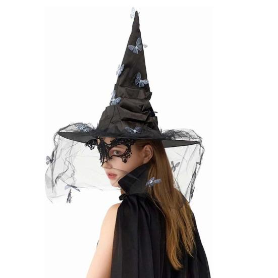 Witch Hat Mesh Yarn Cover Butterflies Design Women Cosplay Hat