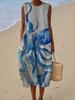 Sleeveless dress 26 new shrink pleated large version loose casual round neck digital printing - bamboo hemp