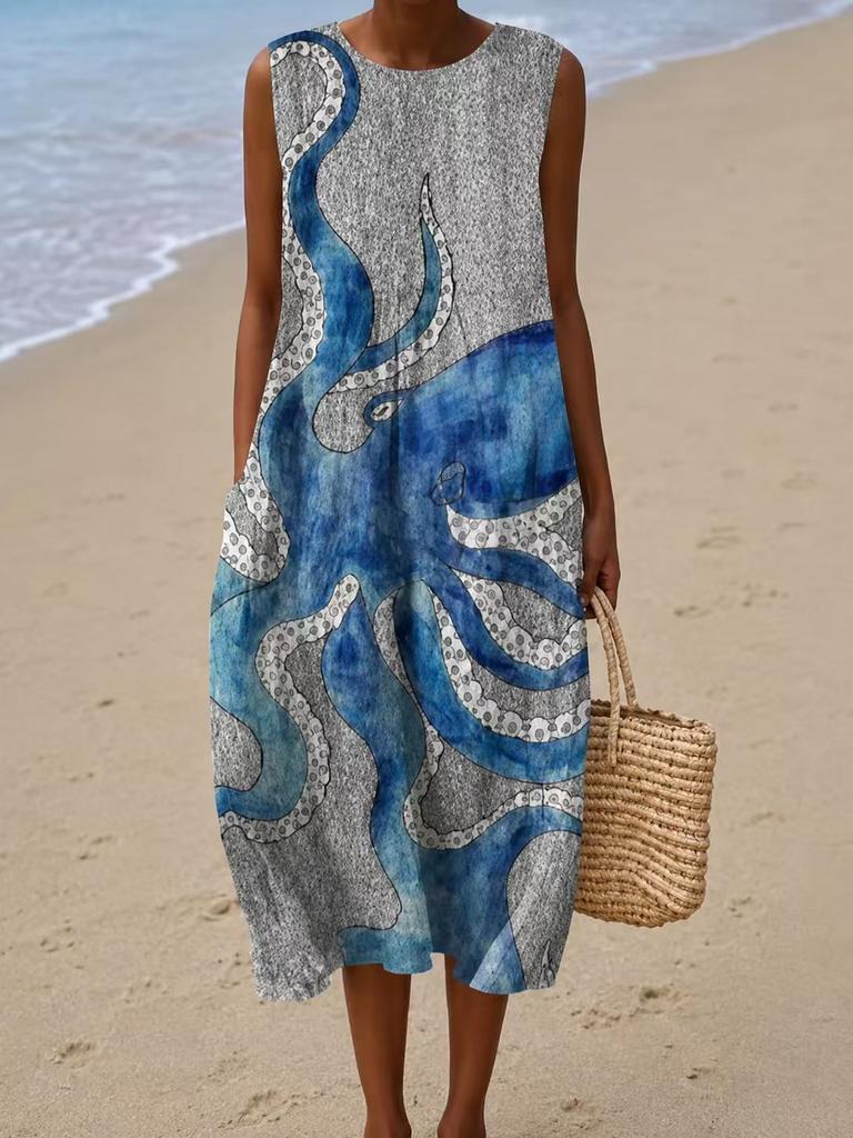 Sleeveless dress 26 new shrink pleated large version loose casual round neck digital printing - bamboo hemp