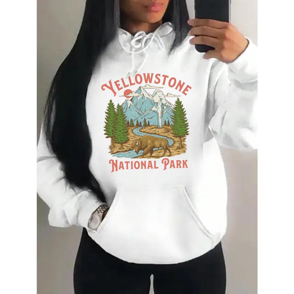 Yellow Stone National Park Printing  Hoodies Women Fleece All-Match Streetwear Y2K Pocket Hoody Autumn Casual Woman Clothing