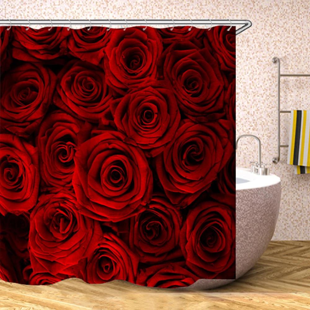 Rose Shower Curtain, Red Flower Fabric Bathroom Curtains Set with Hooks Floral Bathroom Decor Polyester Machine Washable