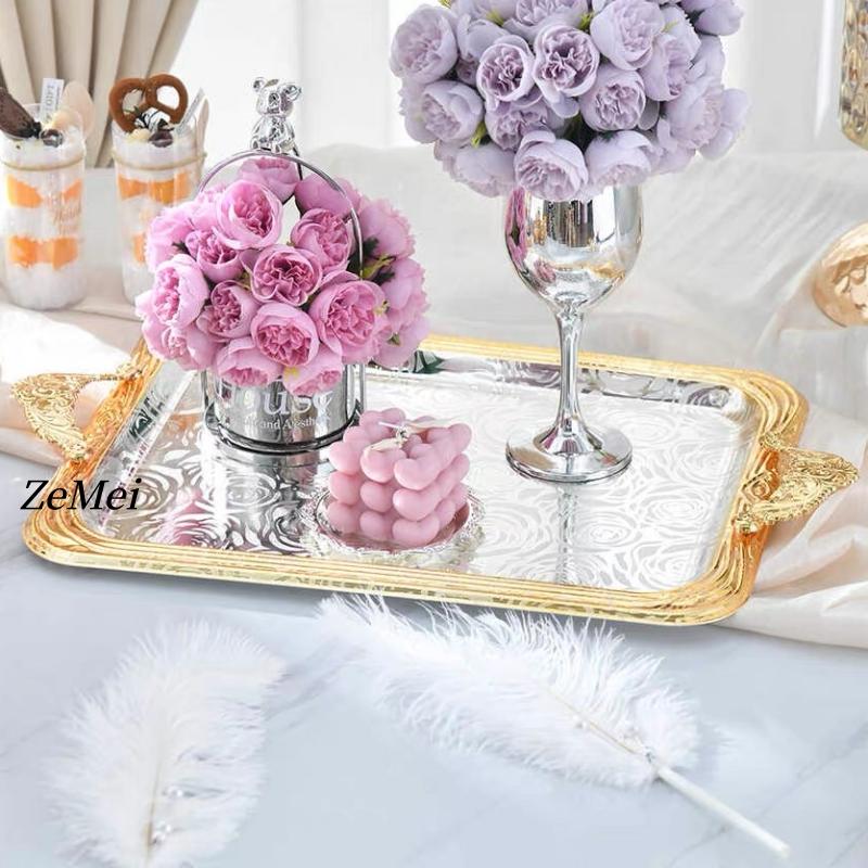 European-Style Rectangle Cake Plate,Carving Rose Home Portable Metal Fruit Tray,Large Size Storage Plate Wedding Decoration