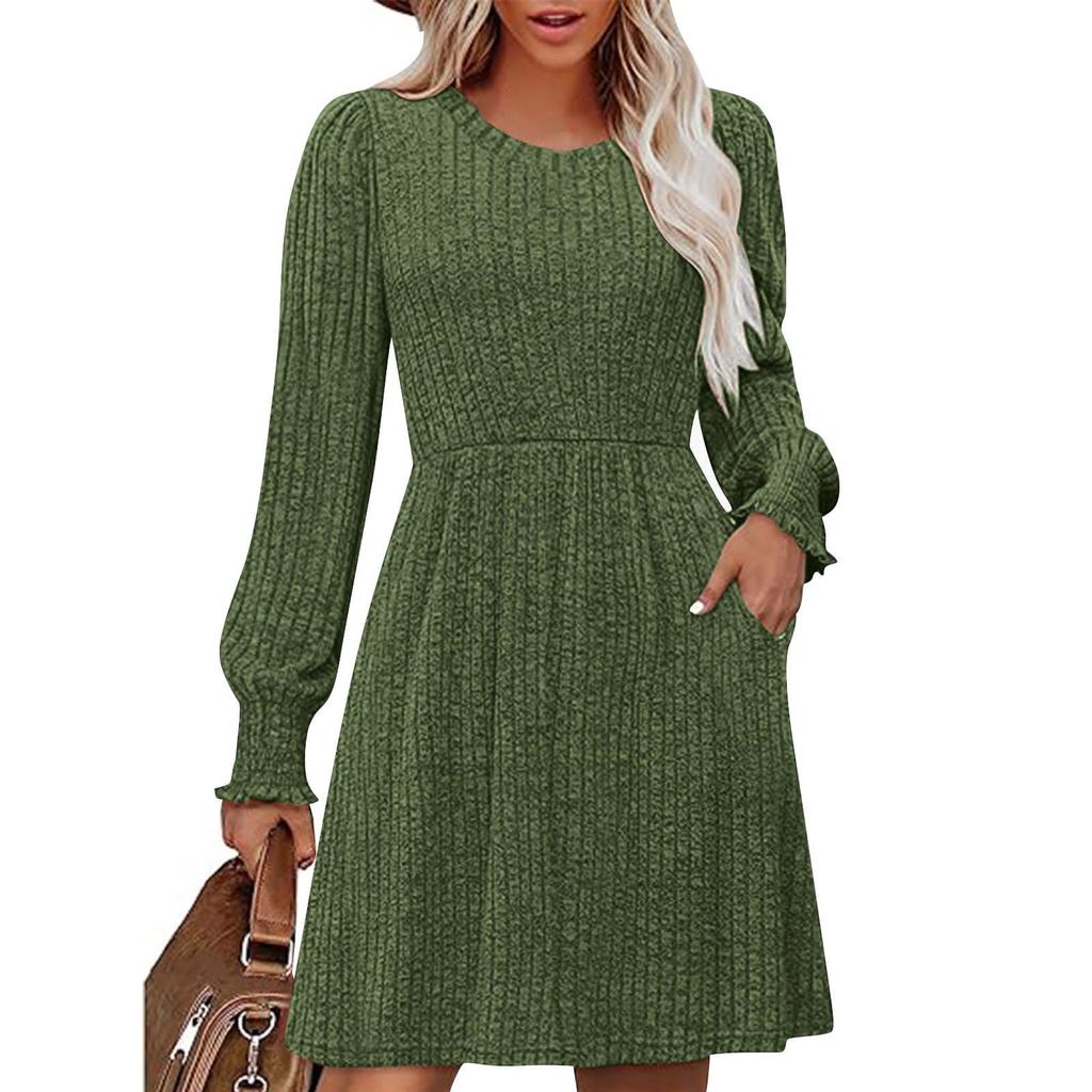 Women's Fashionable Loose-Fit Long-Sleeved Round-Neck Patchwork Solid-Colour Dress