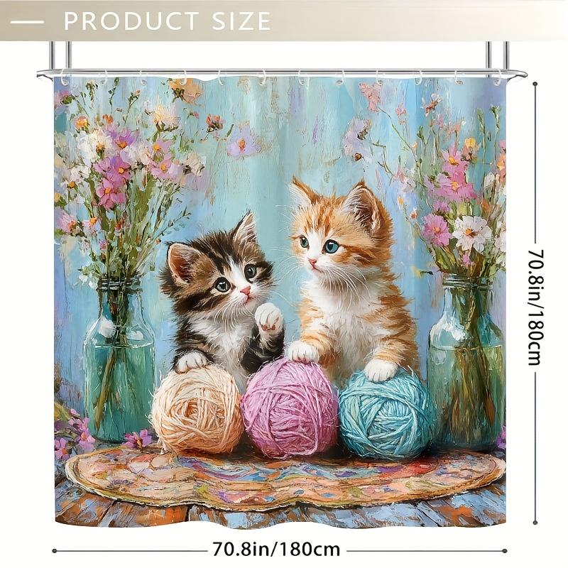 1PC Adorable Kitten Playing with Yarn Shower Curtain, Durable Polyester,Cute Cats & Floral Design, for Bathroom & Window Decor