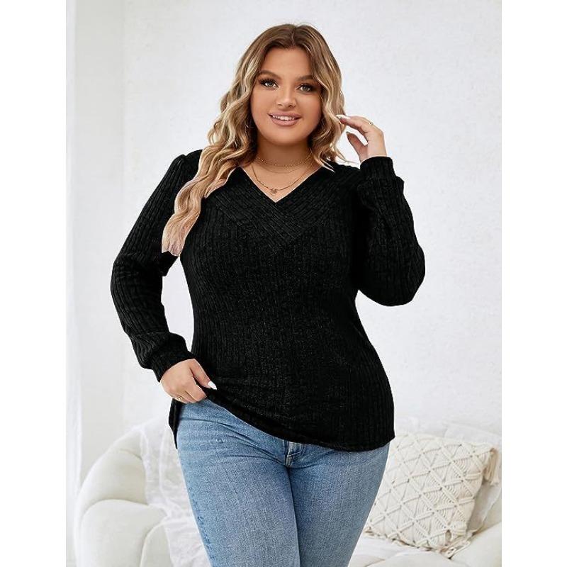 Autumn New Women's Plus Size V Neck Sweater Loose Casual Long Sleeved Blouse