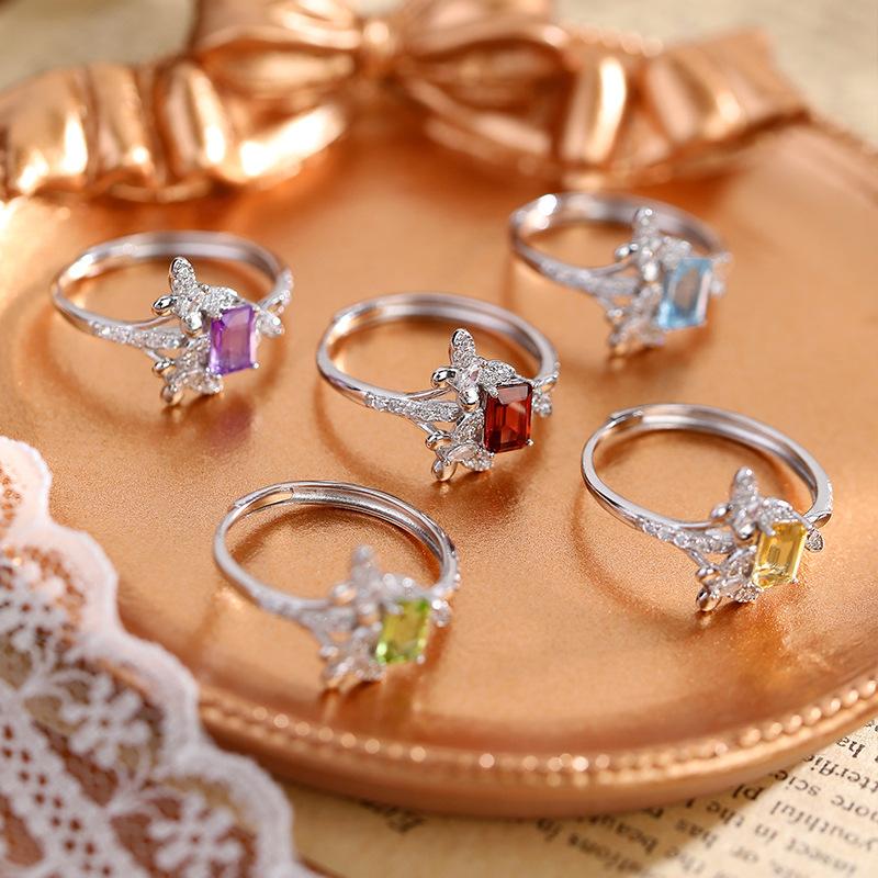 Natural Stone Flower Fly Butterfly Dance Ring Women's S925 Sterling Silver Adjustable Ring High-end Accessories Fashionable and Elegant Jewelry Gifts
