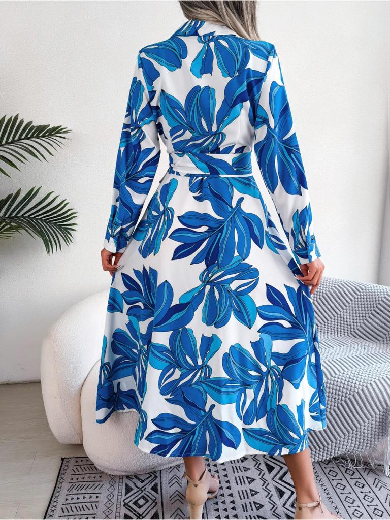 Abito Stampato con Colletto Revers Bottoni Vita Alta Elegante Abito Camicia per Donna Manica Lunga Abiti Ampi Abito Casual