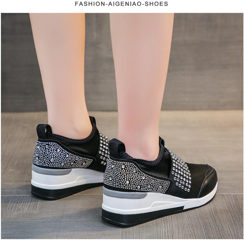 2025 Spring Korean Style Wedge Heel Rhinestone Slip-On Casual Flats for Women - Plus Size Round Toe Thick Sole Dad Shoes