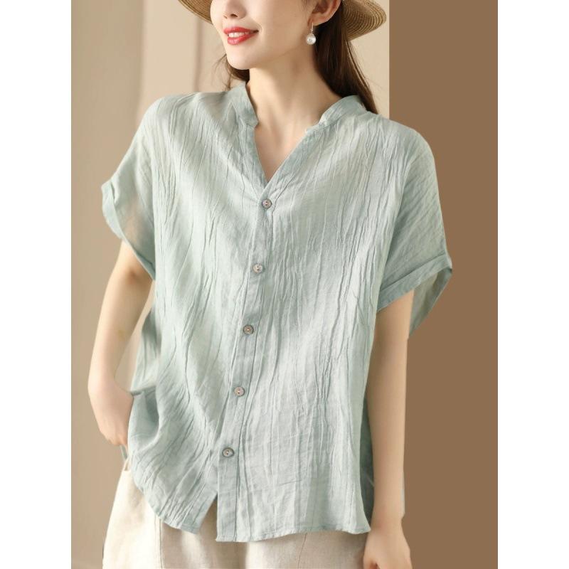 Sommer Retro Plissee Blusen & Hemden Kurzarm Damen Shirt V-Ausschnitt Strickjacke