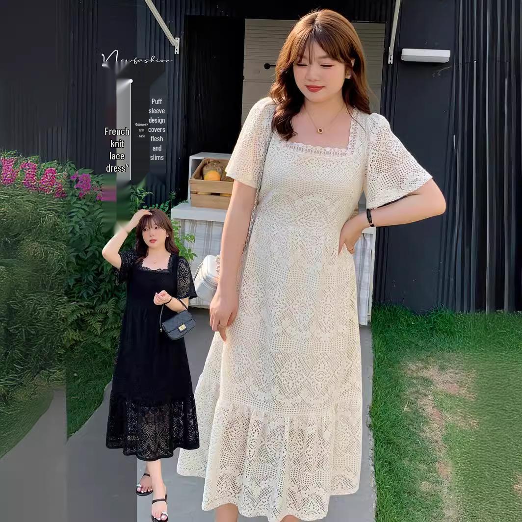 

Plus Size French Square Neck Knitted Lace Cotton Dress - Summer Collection 4XL
