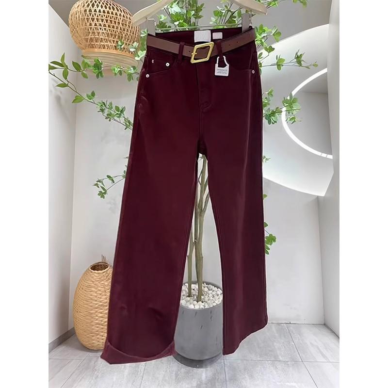 2024 Plus Size Red High Waist Wide Leg Jeans for Women - Autumn/Winter Slimming Straight Fit
