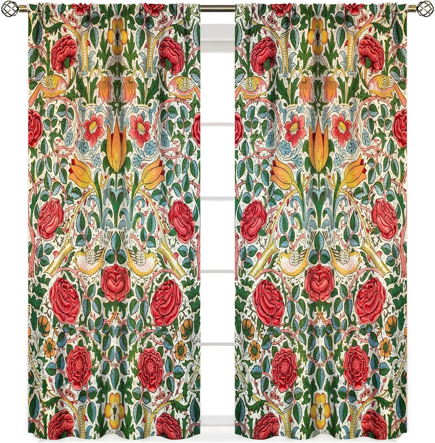 

William Morris Floral Curtains Watercolor Botanical Red Rose Flower Room Windows Treatments for Bedroom Living Room 42x45in Deco 100*130 HOOK 1pcs