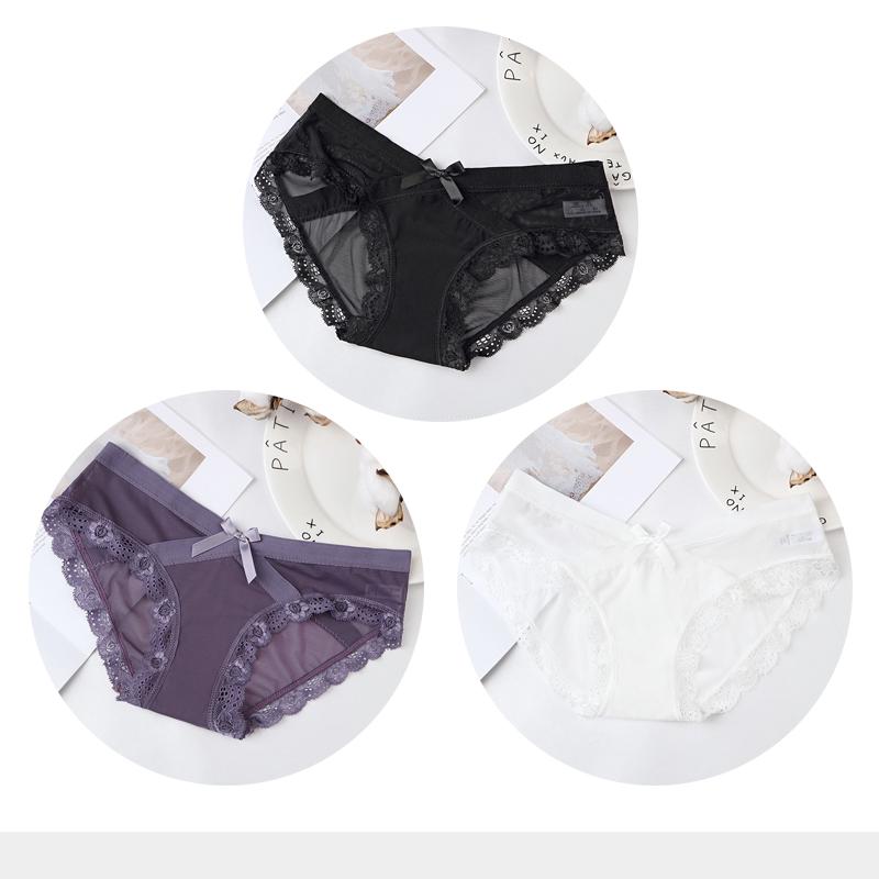Women's Sexy Panties Transparent Mesh Breathable Briefs Underwear Low-Rise Bow Floral Panty for Lady Girl 3 Pcs/set