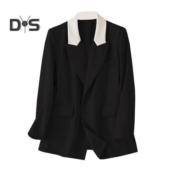 

Женский повседневный пиджак с зазубренными лацканами, длинный рукав, цветной пиджак в стиле пэчворк, двубортный пиджак с клапанами, свободный крой, женская офисная верхняя одежда M чёрный