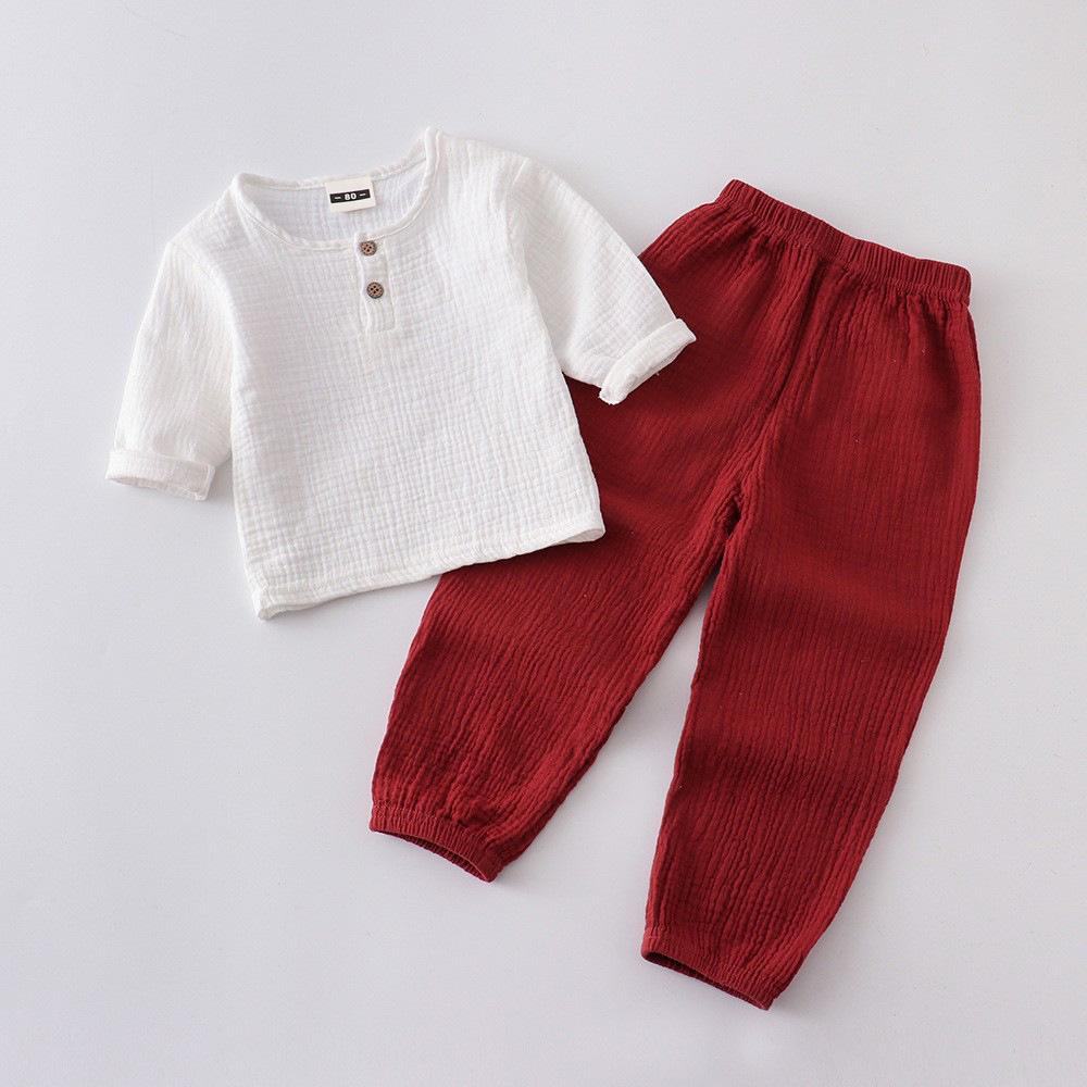 Kids Cotton Linen Long Sleeve Set Spring Summer Outfit Boys Girls Loose Two Piece Pure Color Breathable Comfortable