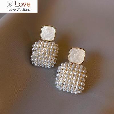 14K Real Gold Plating New Square Full Imitation Pearl Pendant Earrings Elegant Women's Prom Party Earrings