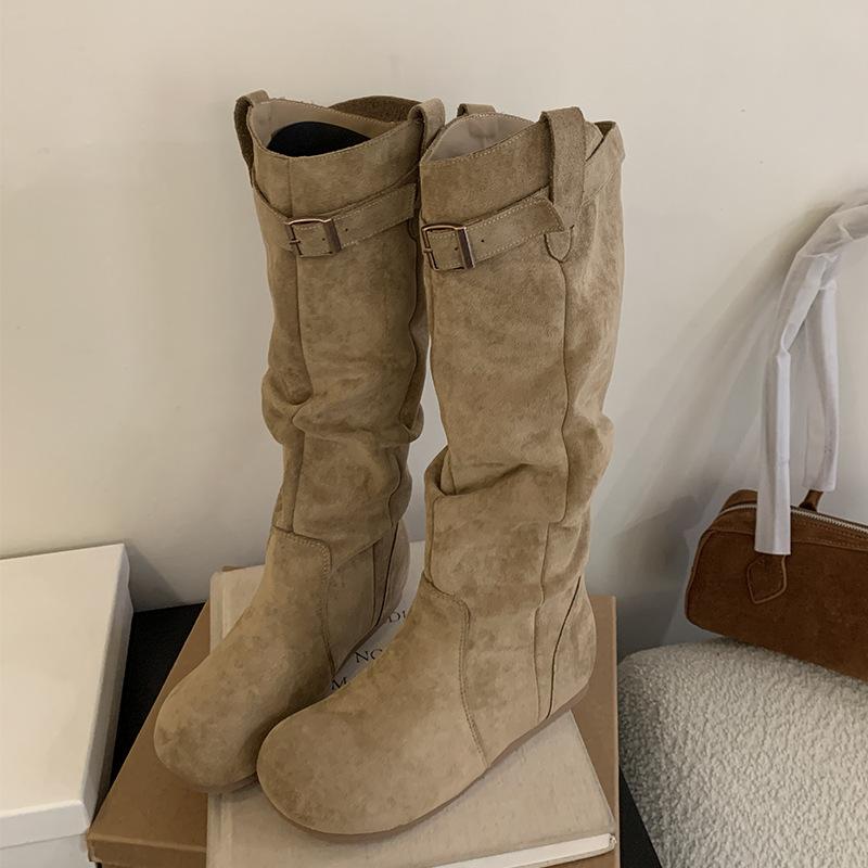 Vintage inner heightening Birkenstock boots women s thin pleated piled boots belt buckle knight boots 35