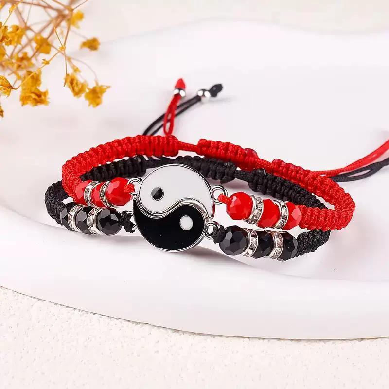 

1 Set Of 2 Simple Tai Chi Bagua Black And White Yin And Yang Rope Braided Telescopic Adjustment Bracelet For Men And Women