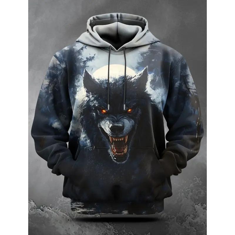 Felpa con cappuccio grafica da uomo per Halloween Stampe di lupo mannaro Classica casual Pullover 3D Moda festiva Felpe con cappuccio Stile sottile Manica lunga con cappuccio