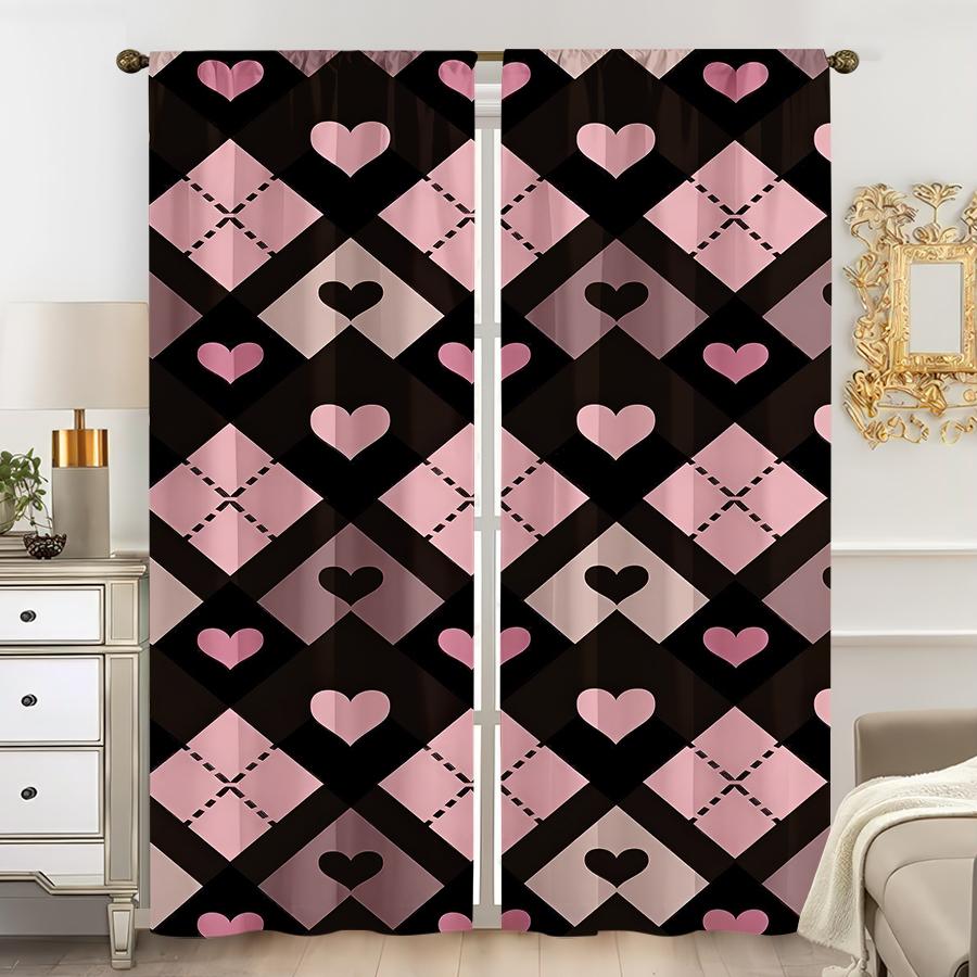 2 Stück schwarz-pinke herzförmige Vorhänge   süßer und cooler Stil   Schlafzimmer und Wohnzimmer   Dekorative Vorhänge mit Stangentaschen
