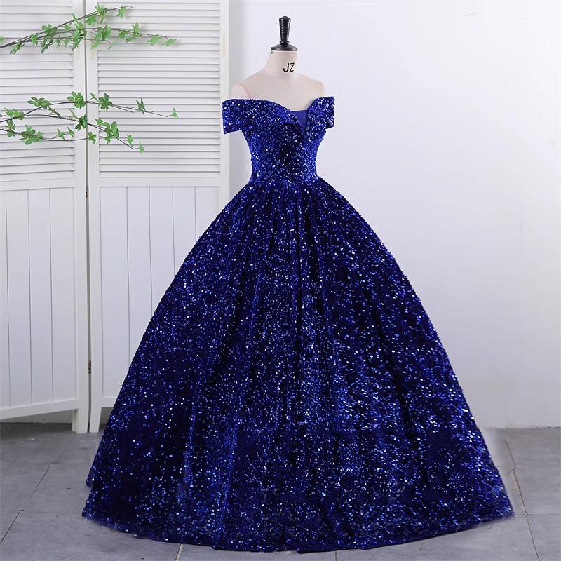 Off-the-Shoulder Sequined Evening Gown for Women: Ideal for Performances, Beauty Pageants, and Gala Events with Puffy Long Skirt.