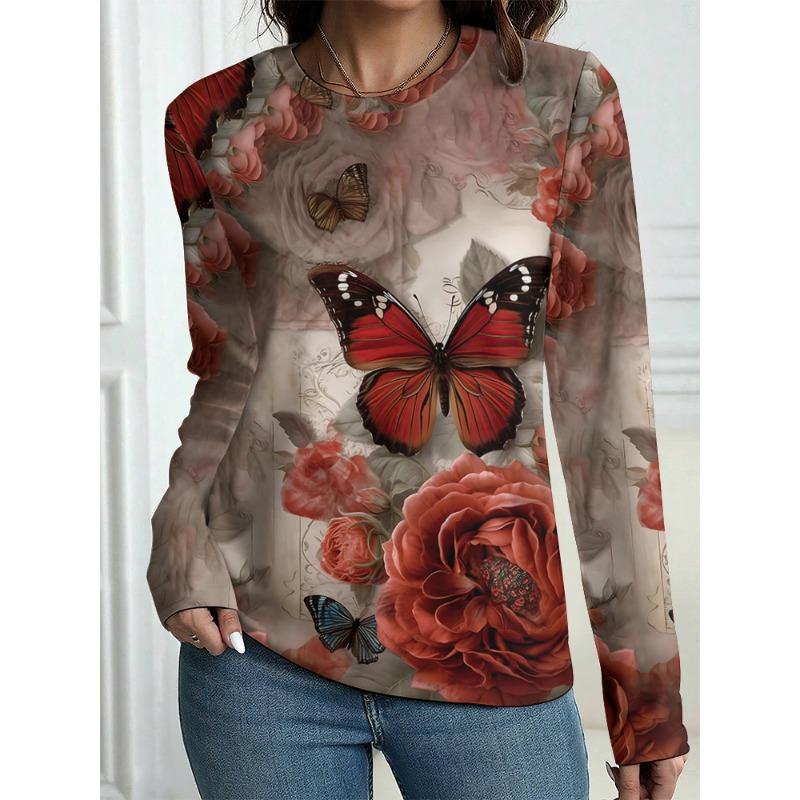 New Autumn Women's Long-Sleeved T-Shirt Casual T-Shirt Top T-Shirt Vintage Floral Pattern OverSize Women's Clothing
