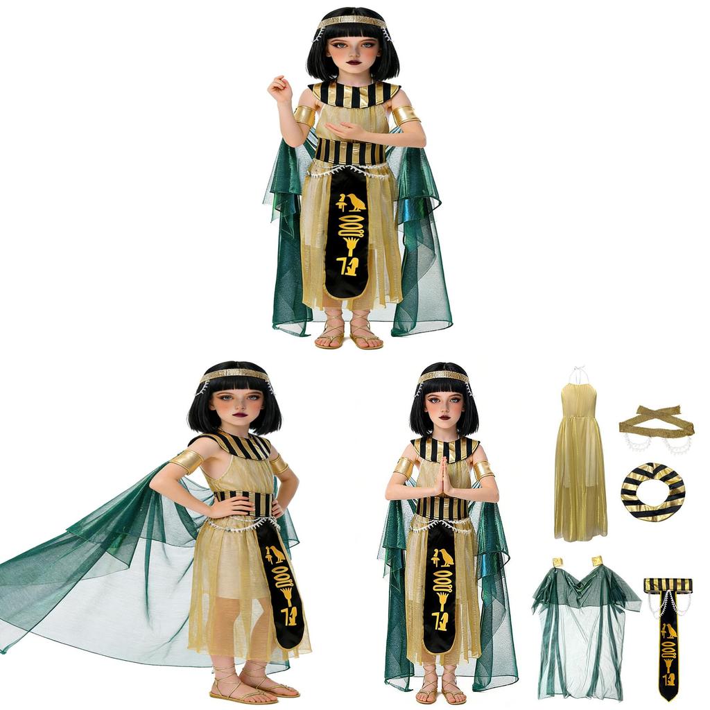Childrens Halloween Egyptian Queen Costume Set With Headpiece For Stage Shows Girls