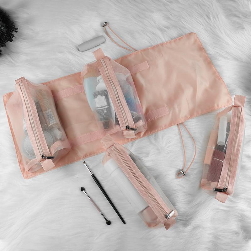 Abnehmbare Nylon-Make-up-Tasche, großes Fassungsvermögen, 4-in-1, tragbar, faltbar, Reise-Kulturbeutel, Make-up-Pinsel, Lippenstift, Aufbewahrungsorganisator, Kosmetiktasche