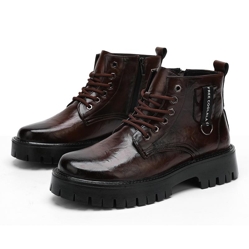 Men's high top leather shoes Trendy British style Party Outdoor Recreation Daily office thick soled men's boots Black shoes