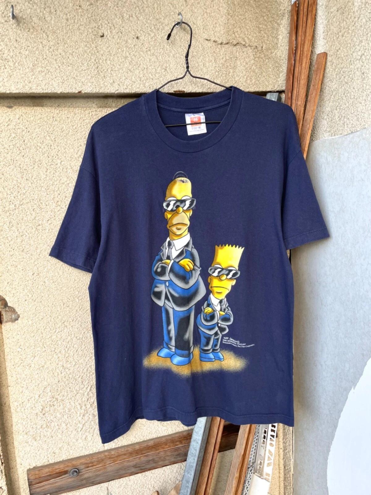Vintage 90s The Simpsons Homer And Bart Man In Black FBI T-Shirt Size L Blue M