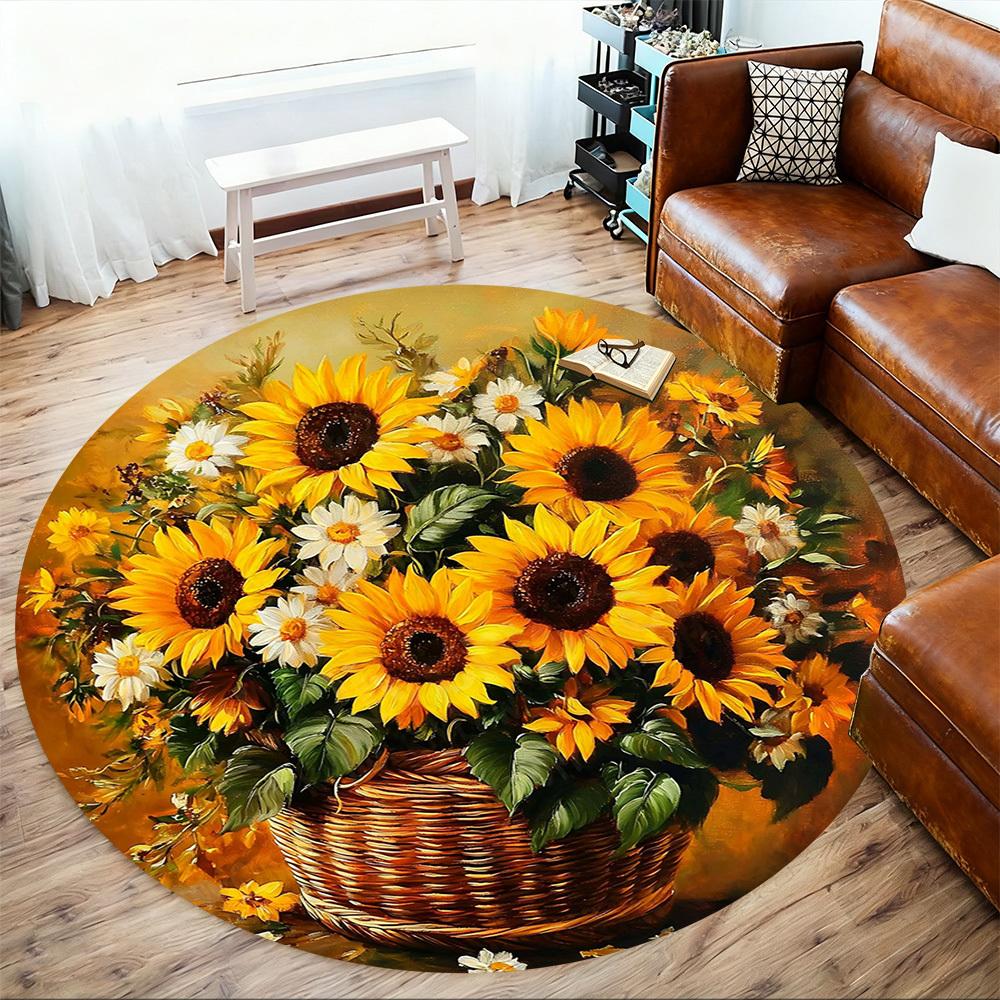 1PC Sunflowers Basket Office Round Area Rug, Under Office Chairs Bedroom Living Room Home Decor, Carpet for Office -1110101