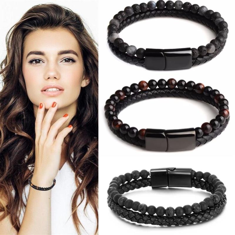 Men Double 21cm Layered Volcanic Stone Beaded Bracelet Alloy Clasp Leather Faux