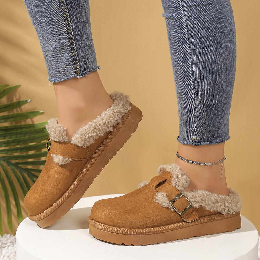 Fashion Casual Metal Buckle Decoration Cotton Outdoor Slippers Women 2025 Winter Thick Bottom Ankle Snow Boots Warm Short Plush Shoes