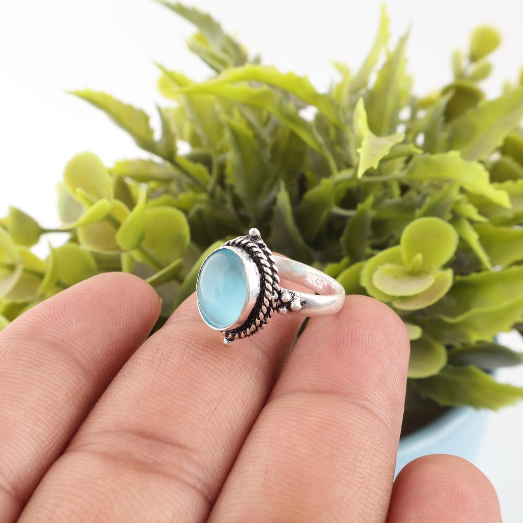 Blue Cat's Eye Gemstone Ring, 925 Sterling Silver Ring Jewelry, Handmade Jewelry Ring, Balancing Jewelry Gift For Women