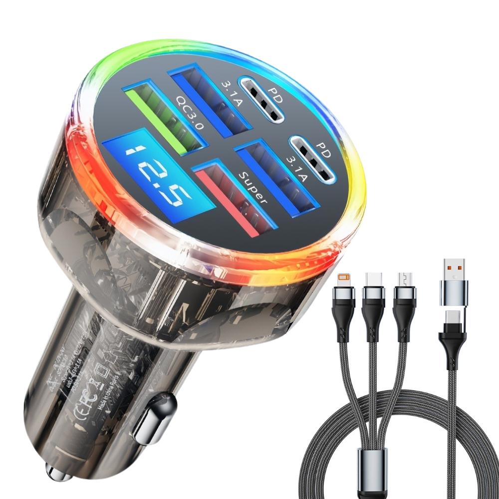 Cyberpunk RGB Car Charger with Voltage Display - 150W Fast Charging 7-Port USB Type-C Adapter for Multiple Devices