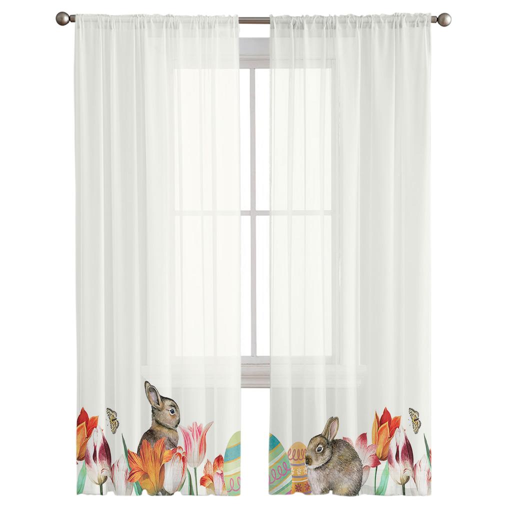 Easter Egg Tulip Flower Bunny Rabbit Tulle Curtains For Living Room Bedroom Voile Sheer Curtain Window Home Decor Drapes