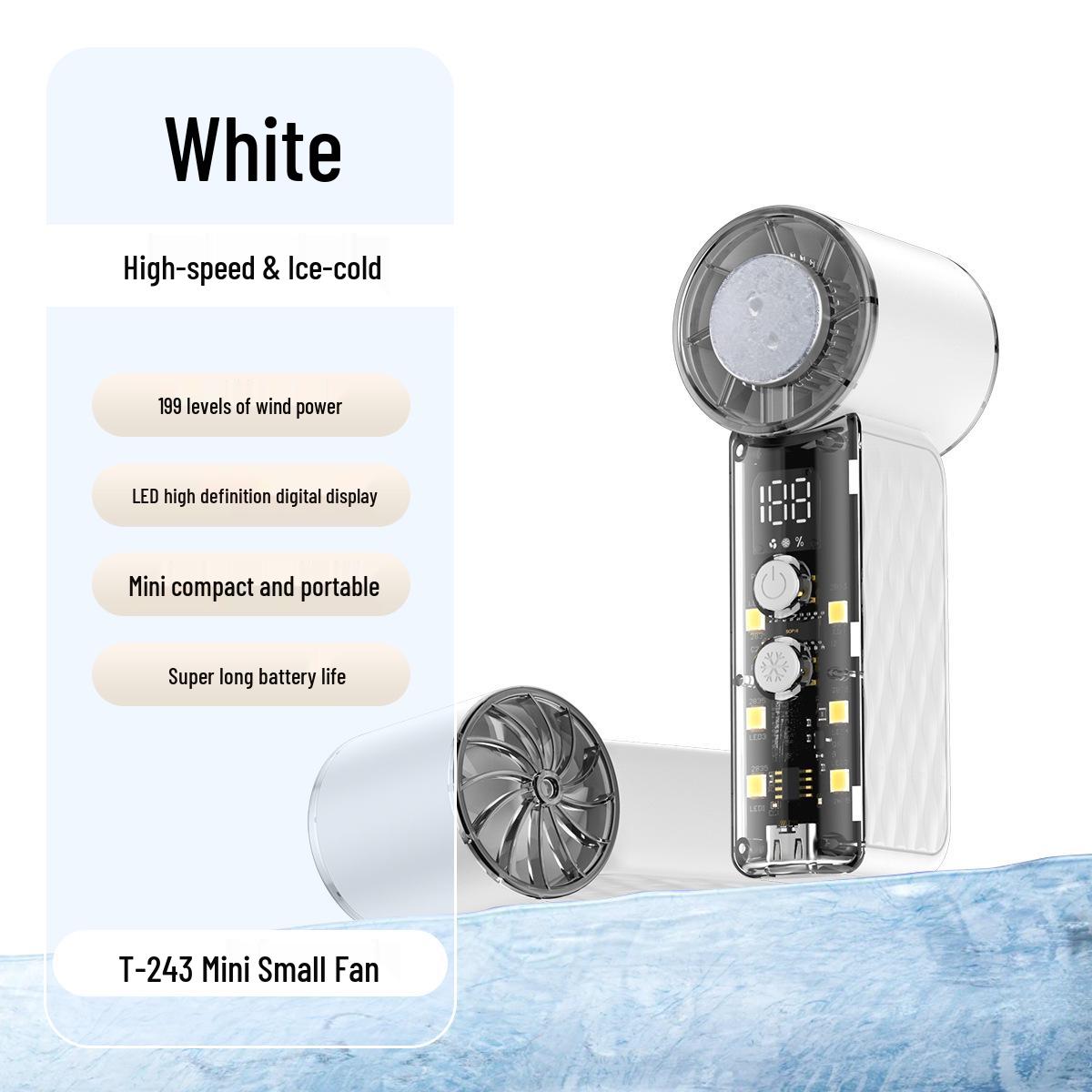 

T243 Mini Handheld Brushless Fan with LED Light, 199 Speeds, and Ice Pack Function 24x46x106 mm белый