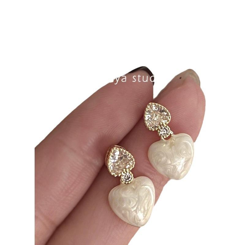 Prelude to Fall: French Retro Zircon Heart Drop Enamel Earrings