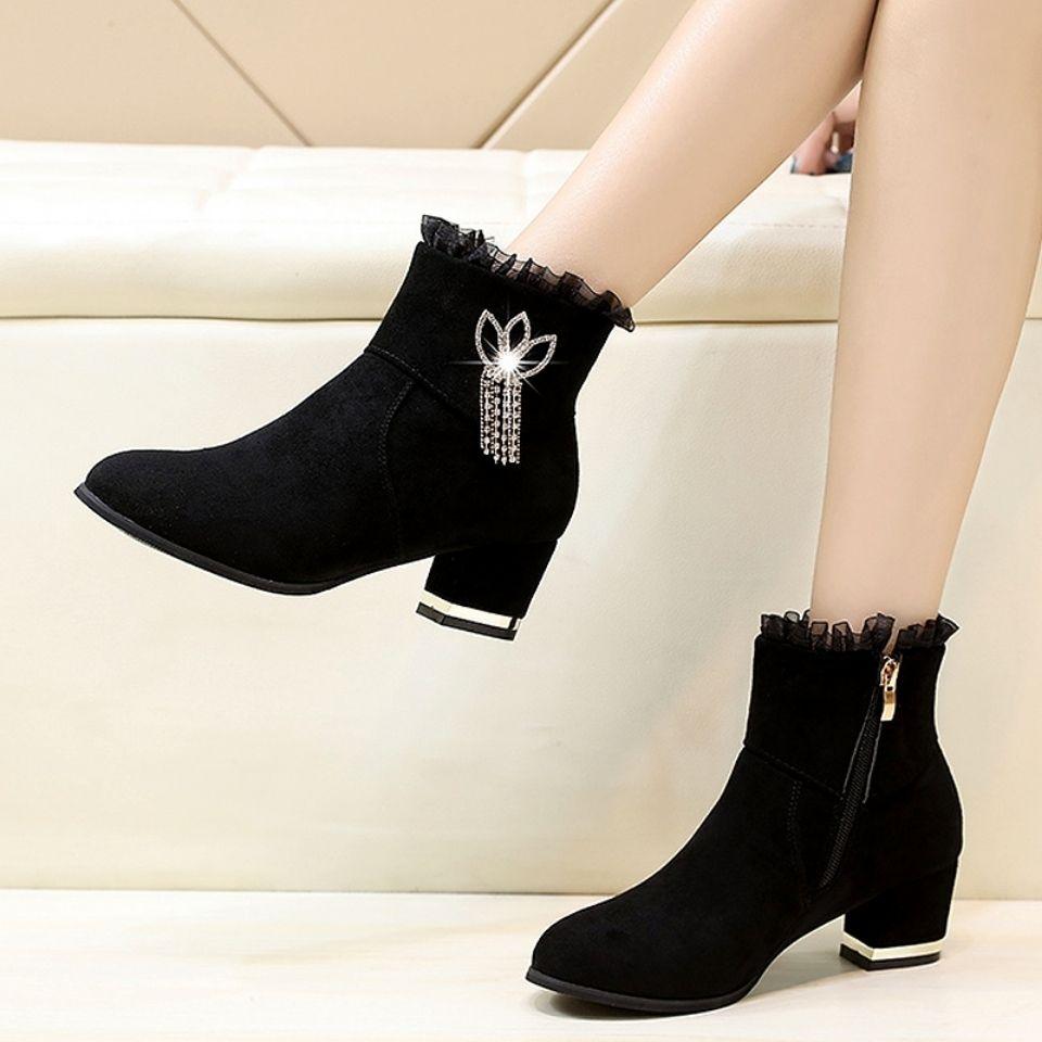 Fashion Rhinestone Woman Short Shoes Suede Chunky Heel Fashion  Booties