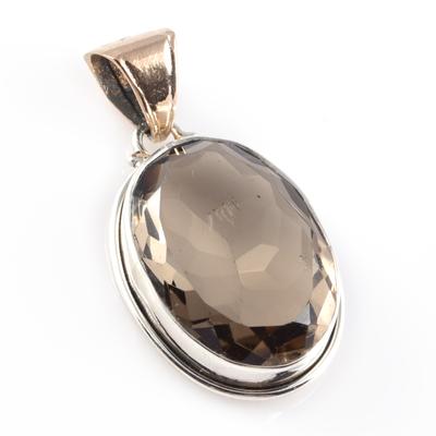 Natuurlijke Rookkwarts Edelsteen 925 Sterling Zilver Tweekleurig Hanger 1,7'' P3Y52