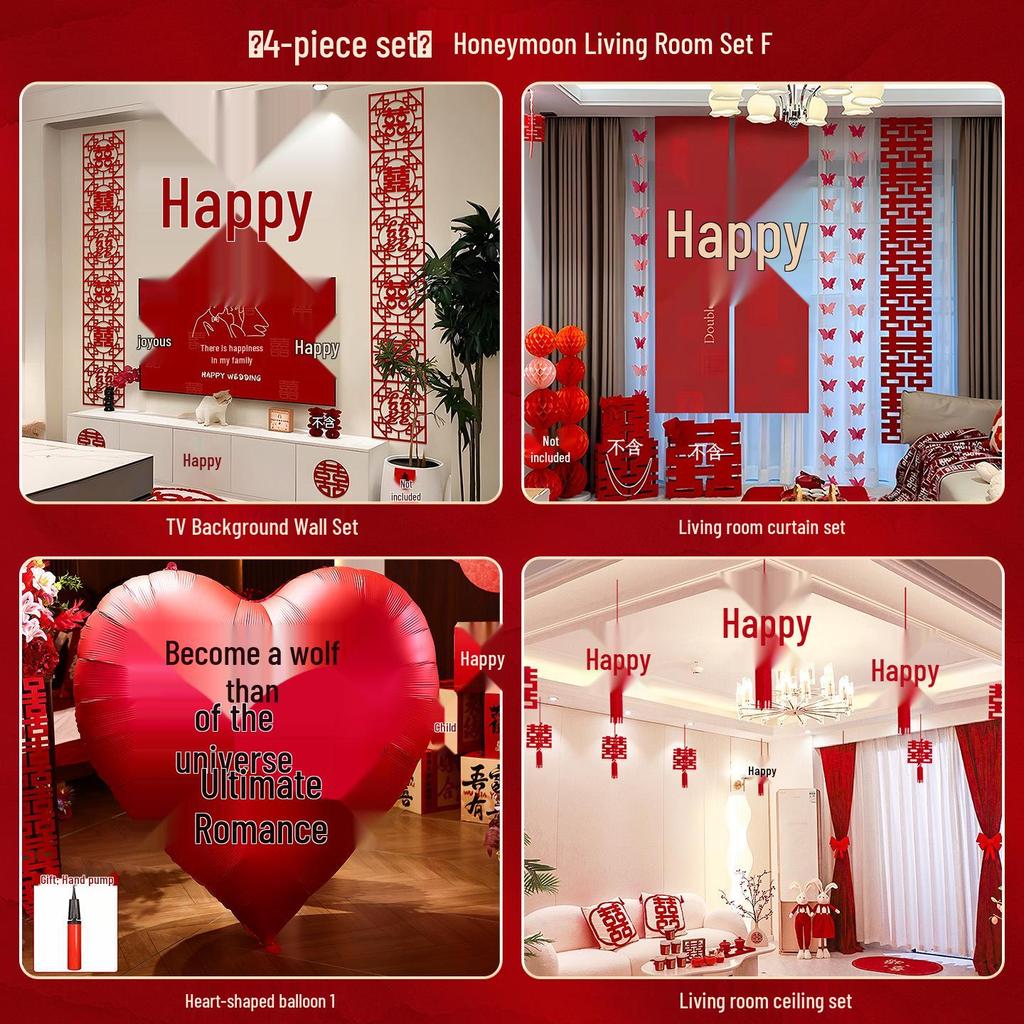 Wedding Room Décor Set: Bride & Groom Bedside Background with Pull Flowers & Double Happiness KT Board