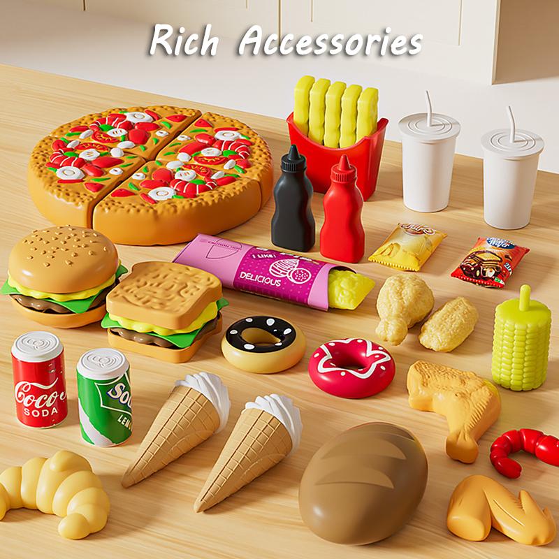 Kids Pretend Play Food Set Simulation Make Hamburger Pizza Kitchen Happy Meal Toy Food Cooking Party Interactive Girls Toy Gift