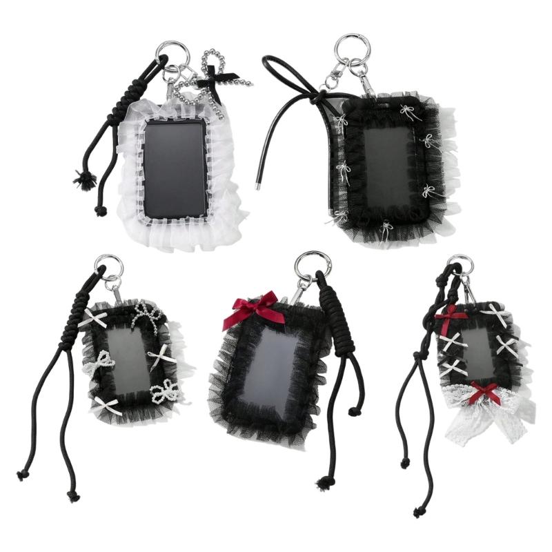 Elegant Badge Holder Gothic Bowknot Keychain Beaded Lace Card Charm Accessory Alternative Fashion Keyring