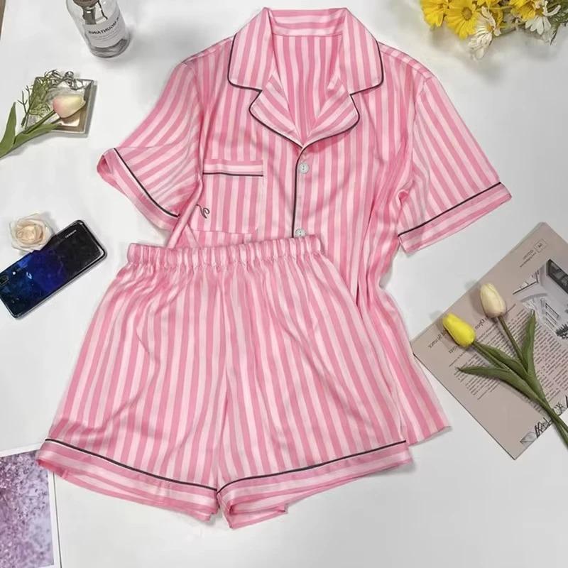 Large Size Women Pajamas Set Short-Sleeved Student Homewear Two-Piece Cardigan Lapel Senior Sense of Striped Short-Sleeved Short