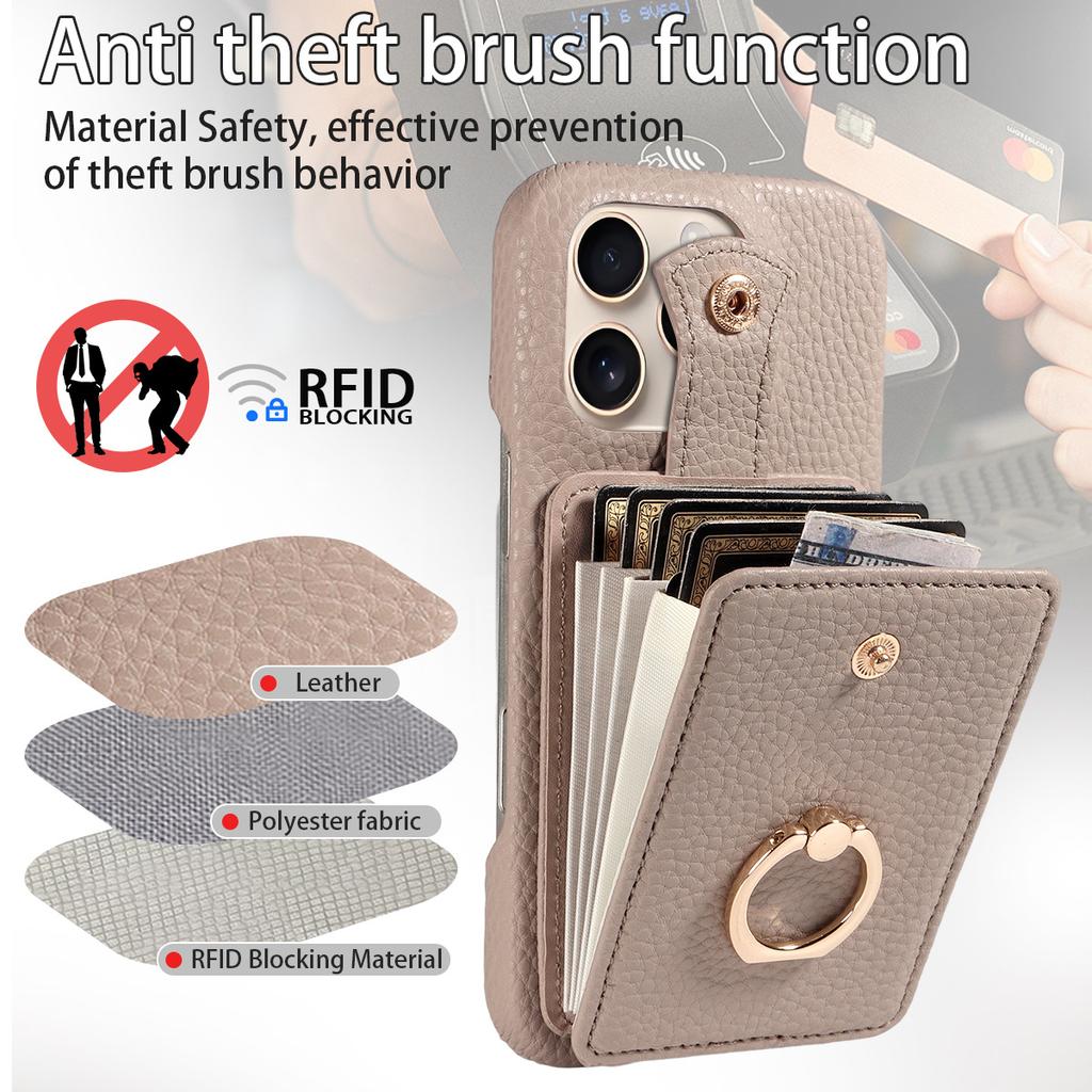Litchi Texture PU Leather Wallet Case for iPhone 13 Pro Max, Accordion Card Holder with Ring Kickstand & Crossbody Strap, Shockproof Cover