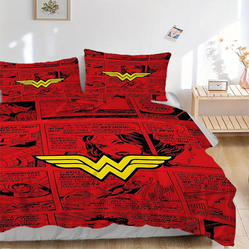 3pcs Wonder Woman Bedding Set, Soft Polyester Duvet Cover and Pillowcases Machine Washable Seasons All Suitable & Guest Room Decor250