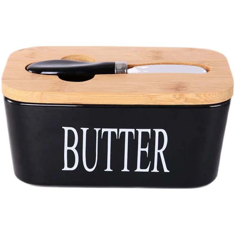 Wooden Cover Ceramic Butter Box with Spatula Knife Sealed Fresh Butter Box Multicolor Rectangular Sealed Kitchen Storage Box